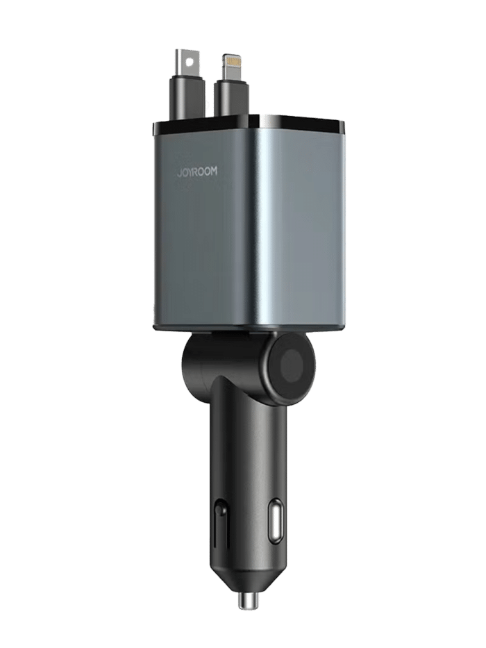 Car Charger 4-in-1 Adapter with Collapsible Lightning & Type-C & Type A Cables - Image 2